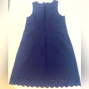 J. Crew dress with scalloped detailing in navy.